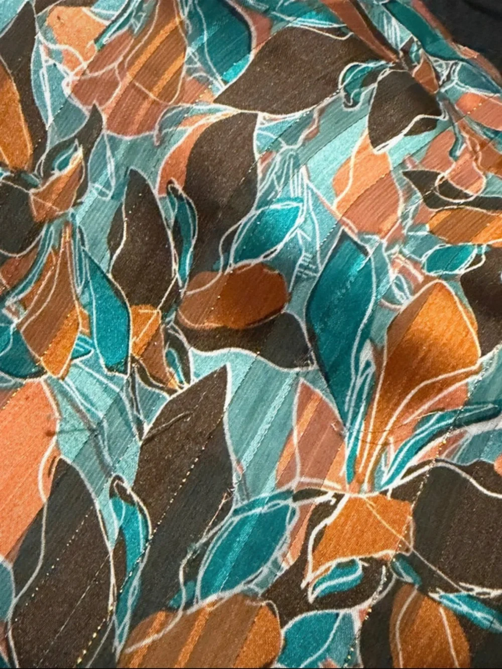 Leaf-Print Long Sleeve Blouse in Teal, Orange & Brown